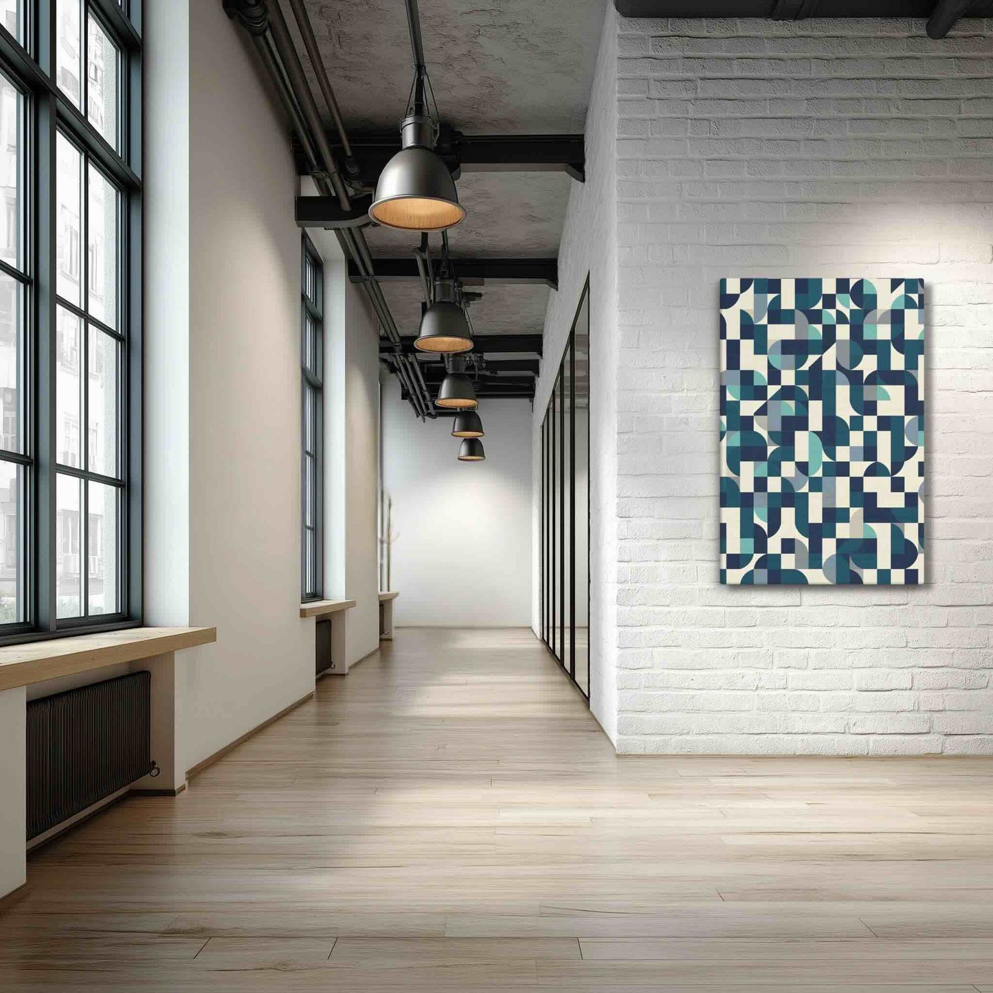 MODULO mid century modern abstract canvas displayed on a white painted brick wall in an industrial loft hallway with tall steel windows and pendant lights, MODULO by Carpina Designs