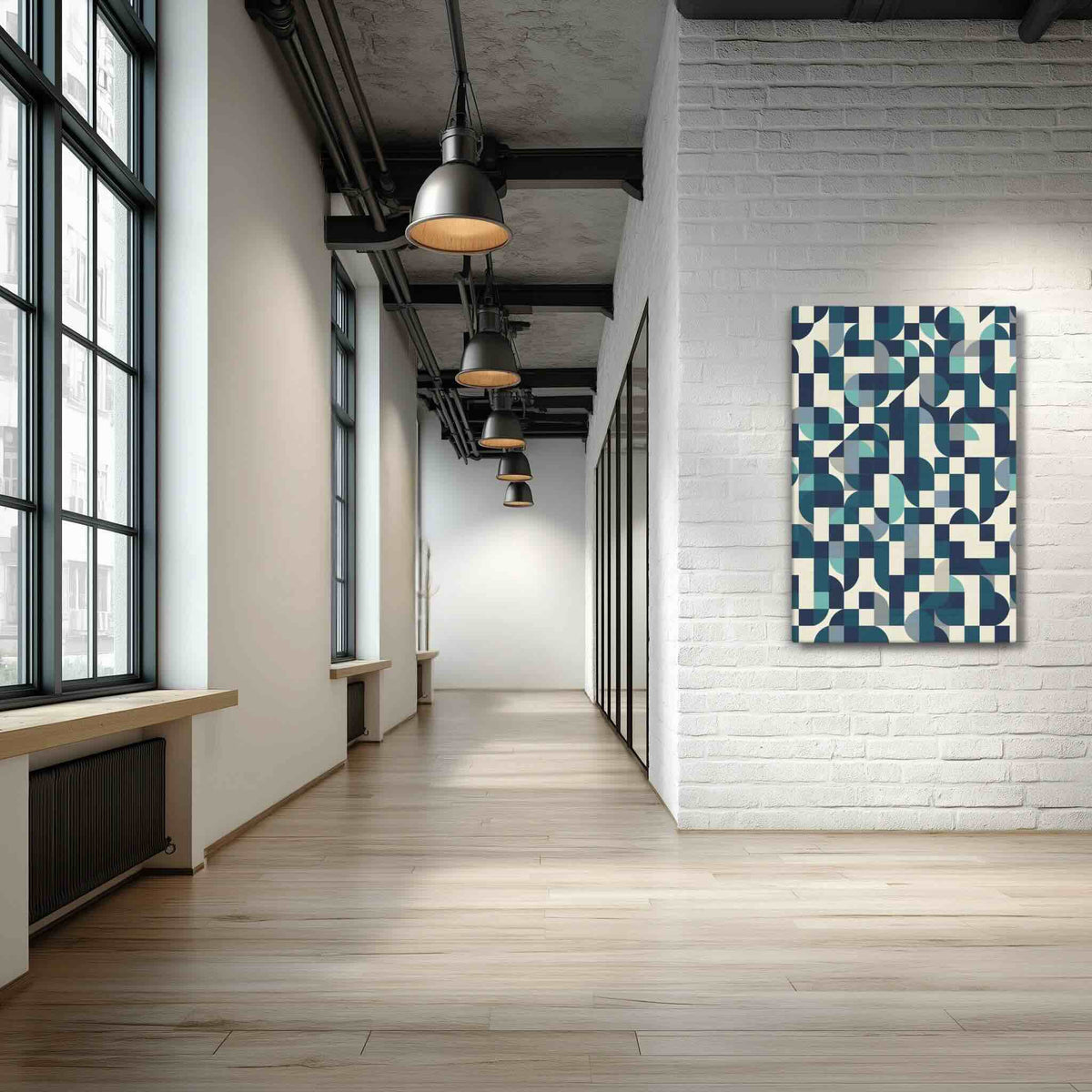 MODULO mid century modern abstract canvas displayed on a white painted brick wall in an industrial loft hallway with tall steel windows and pendant lights, MODULO by Carpina Designs