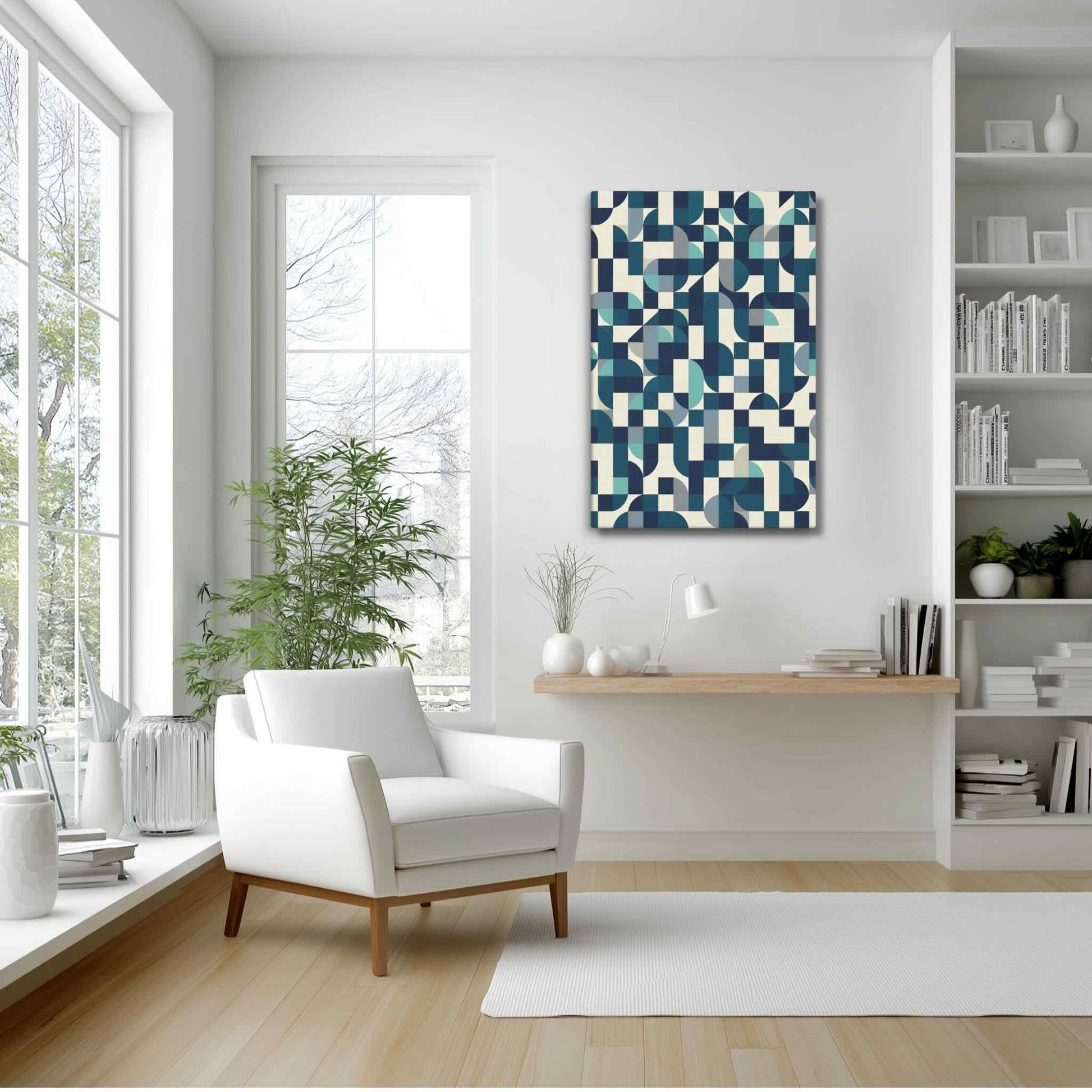 MODULO mid century modern abstract art print styled in a bright Scandinavian living room with white armchair, pale wood floors and built-in shelving, MODULO by Carpina Designs