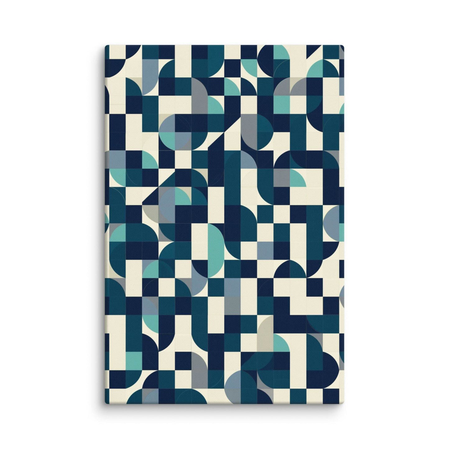 MODULO mid century modern abstract art print on 32x48 inch canvas, geometric grid of navy, teal, turquoise and cream quarter circles, front view on white background, by Carpina Designs