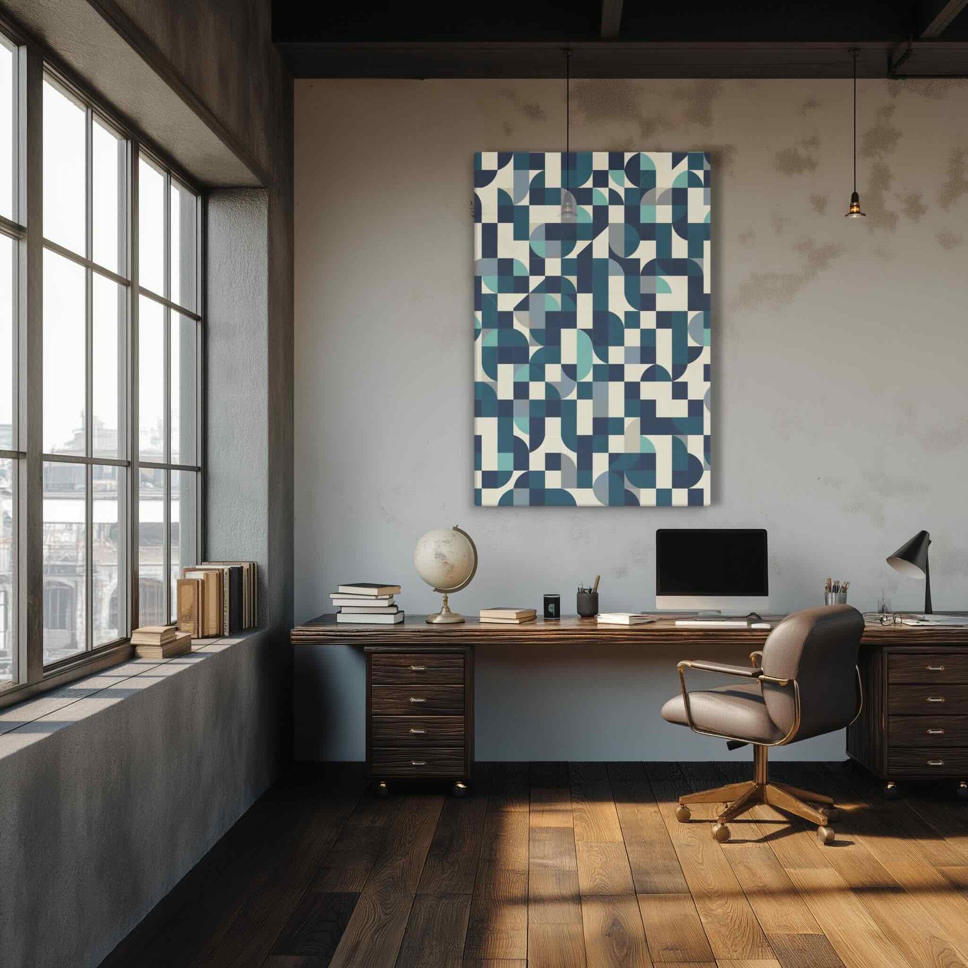 MODULO geometric canvas print in an industrial home office with concrete walls, steel-frame windows, vintage wooden desk and leather chair, MODULO by Carpina Designs