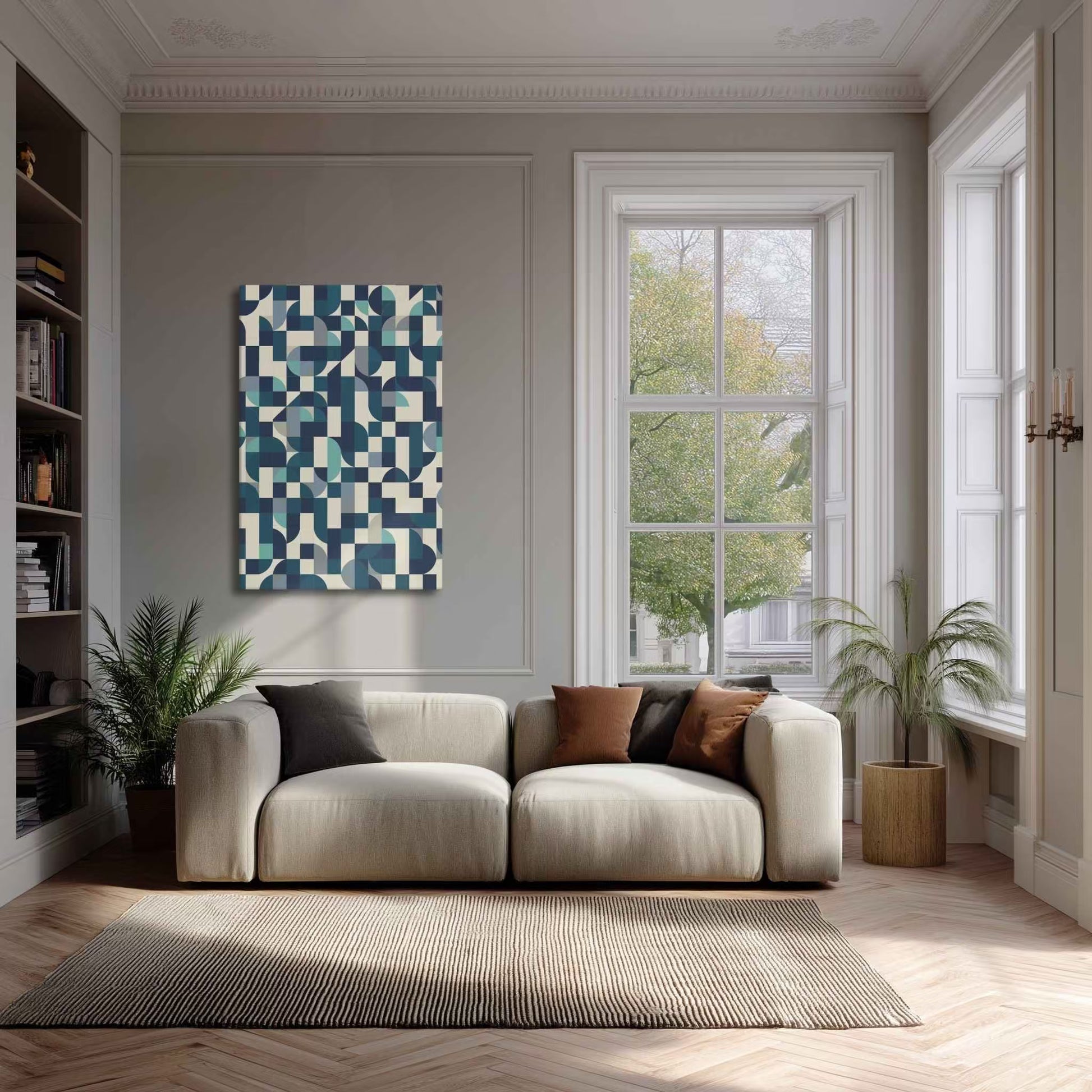 MODULO mid century modern abstract canvas displayed on a white painted brick wall in a warm contemporary living room with classic white framed windows, MODULO by Carpina Designs