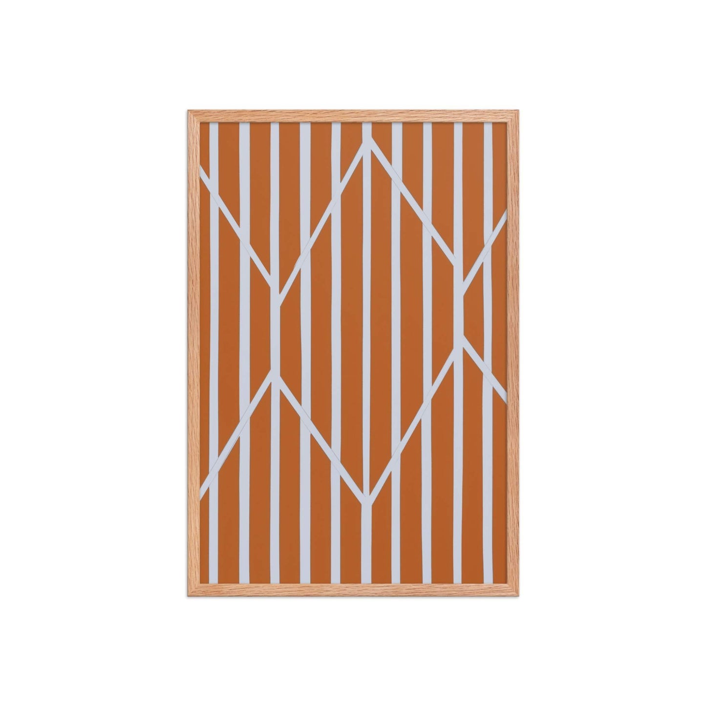 A vibrant piece of orange and white abstract art in framed poster, named OBLIQUE.31. The rich, autumnal stripes are dramatically framed and intersected by crisp, white geometric lines. Red oak frame. Dimension 20x30 inches portrait. 