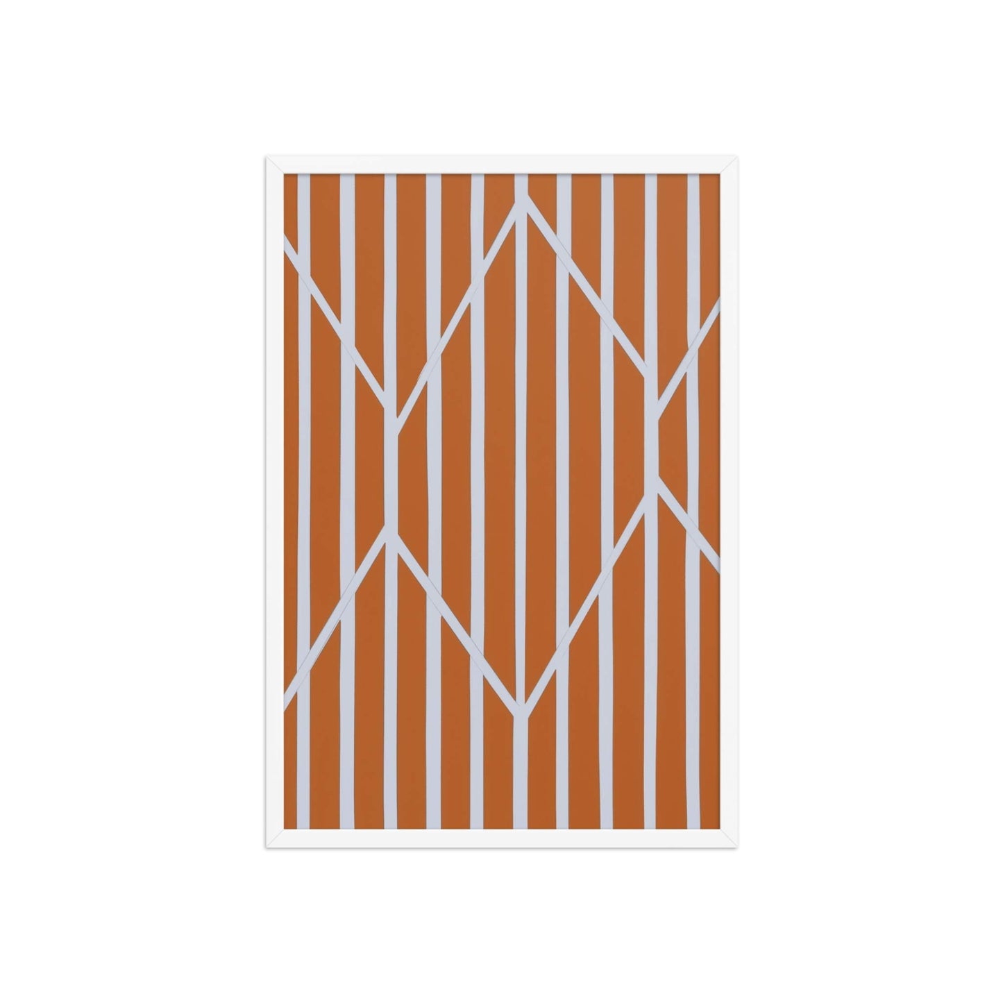 A vibrant piece of orange and white abstract art in framed poster, named OBLIQUE.31. The rich, autumnal stripes are dramatically framed and intersected by crisp, white geometric lines. White frame. Dimension 20x30 inches portrait. 