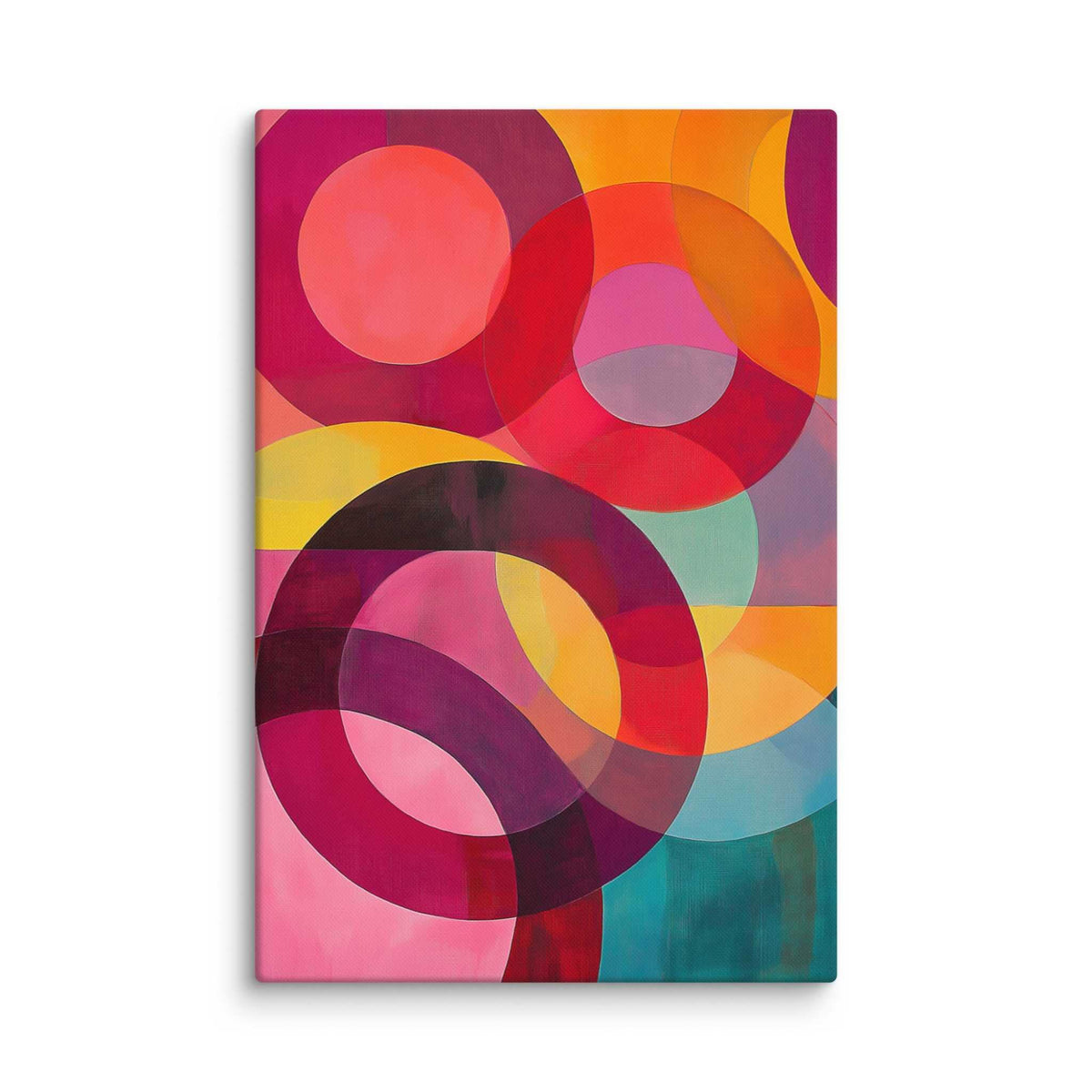 Circular abstract painting with vivid reds, pinks, oranges, teal and gold in overlapping circular forms, displayed as a 16 by 24 inch canvas print, ORBITA by Carpina Designs