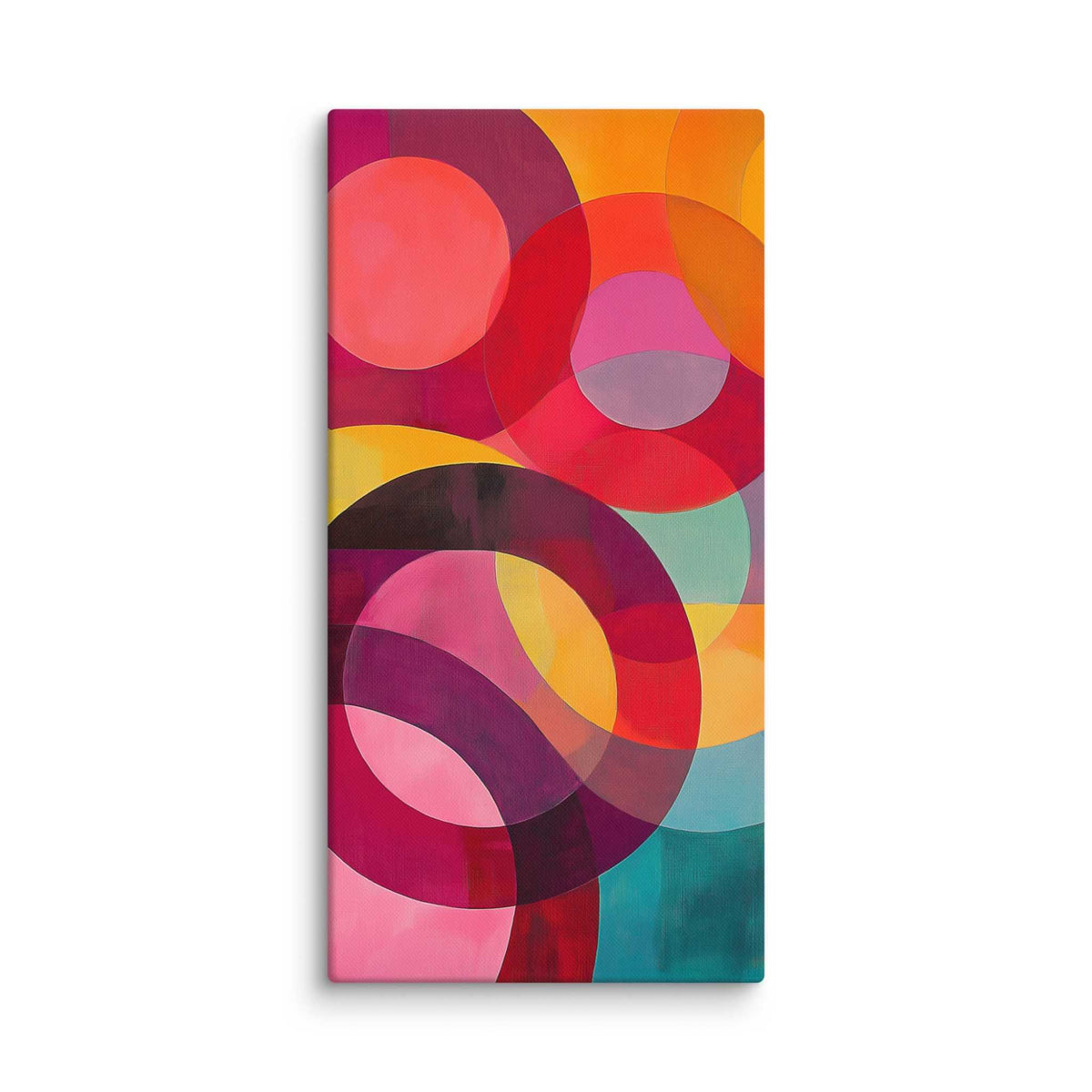 Circular abstract painting with vivid reds, pinks, oranges, teal and gold in overlapping circular forms, displayed as a 16 by 32 inch canvas print, ORBITA by Carpina Designs