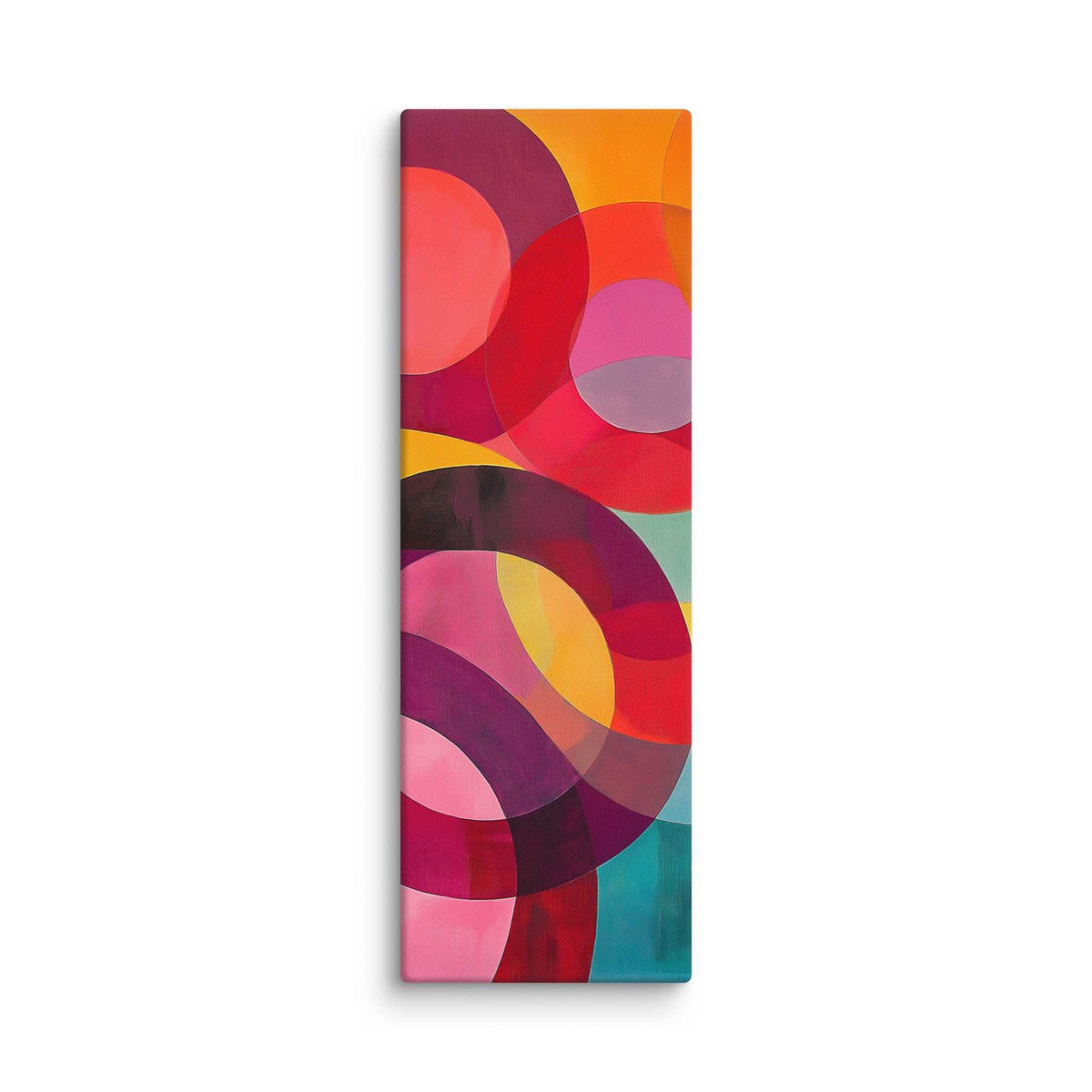 Circular abstract painting with vivid reds, pinks, oranges, teal and gold in overlapping circular forms, displayed as a 16 by 48 inch canvas print, ORBITA by Carpina Designs