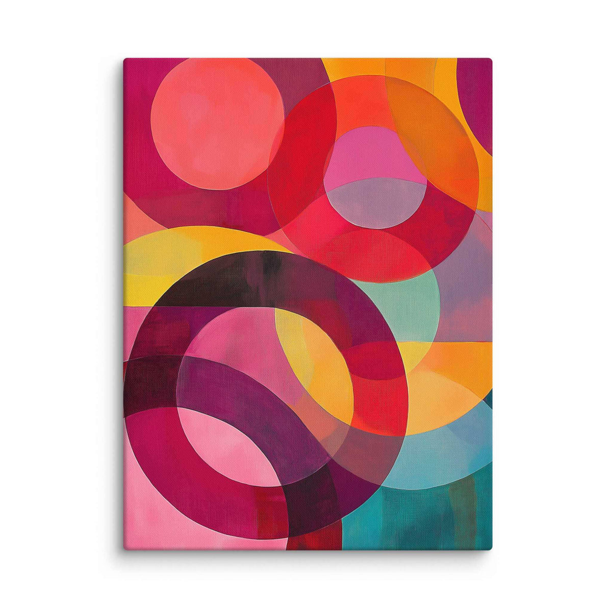 Circular abstract painting with vivid reds, pinks, oranges, teal and gold in overlapping circular forms, displayed as a 18 by 24 inch canvas print, ORBITA by Carpina Designs