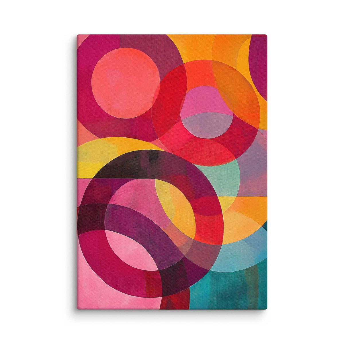 Circular abstract painting with vivid reds, pinks, oranges, teal and gold in overlapping circular forms, displayed as a 18 by 26 inch canvas print, ORBITA by Carpina Designs