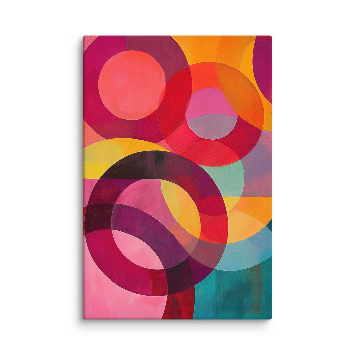 Circular abstract painting with vivid reds, pinks, oranges, teal and gold in overlapping circular forms, displayed as a 20 by 30 inch canvas print, ORBITA by Carpina Designs