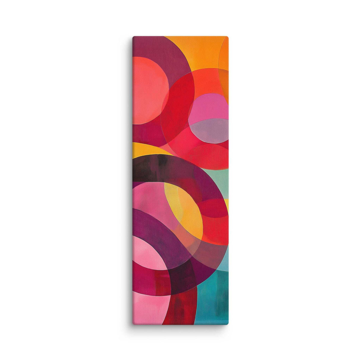 Circular abstract painting with vivid reds, pinks, oranges, teal and gold in overlapping circular forms, displayed as a 20 by 60 inch canvas print, ORBITA by Carpina Designs