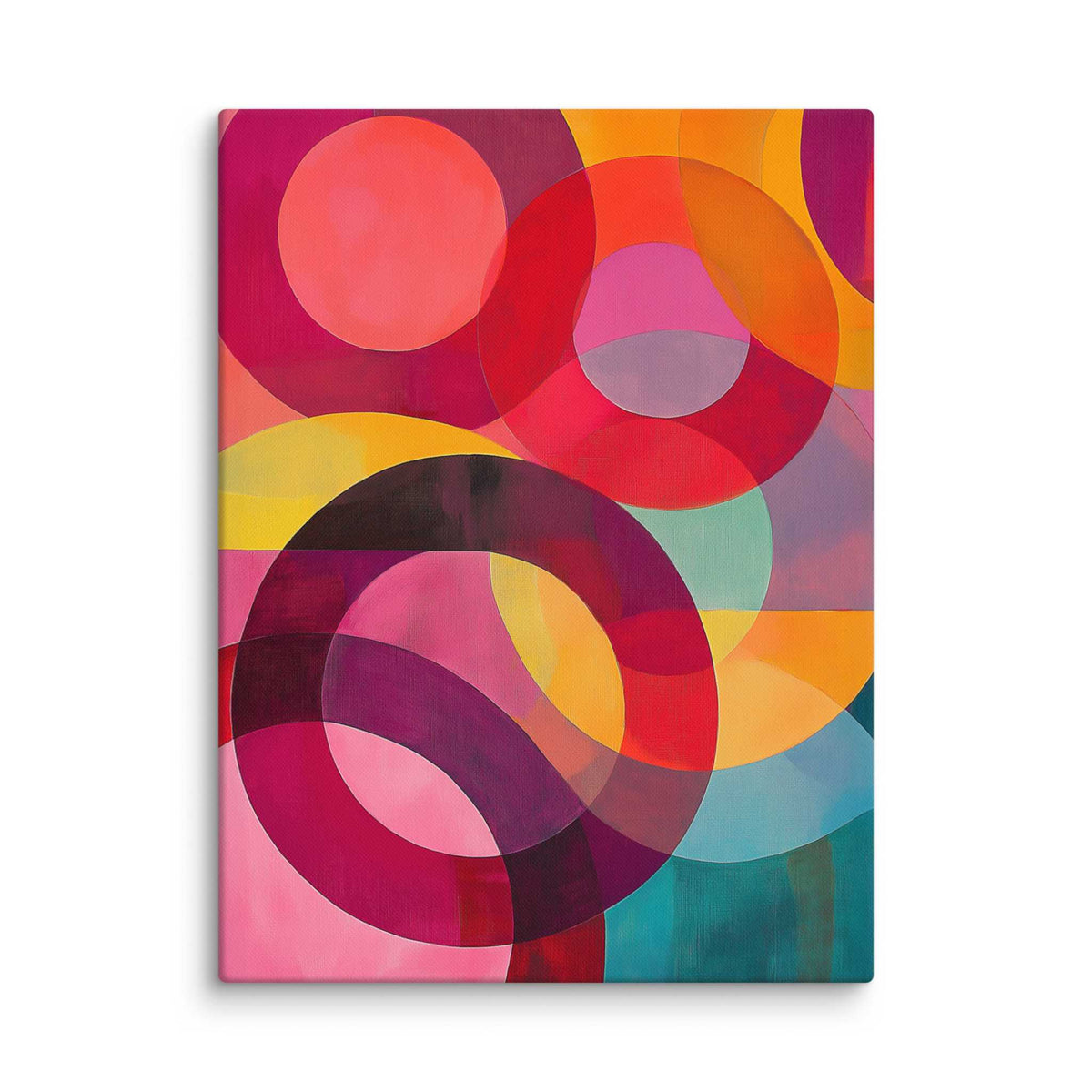 Circular abstract painting with vivid reds, pinks, oranges, teal and gold in overlapping circular forms, displayed as a 24 by 32 inch canvas print, ORBITA by Carpina Designs