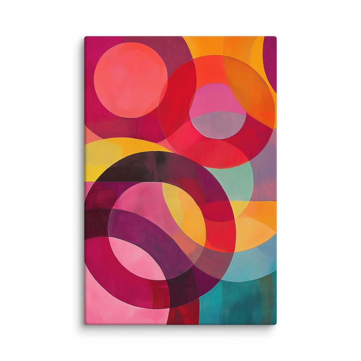 Circular abstract painting with vivid reds, pinks, oranges, teal and gold in overlapping circular forms, displayed as a 24 by 36 inch canvas print, ORBITA by Carpina Designs