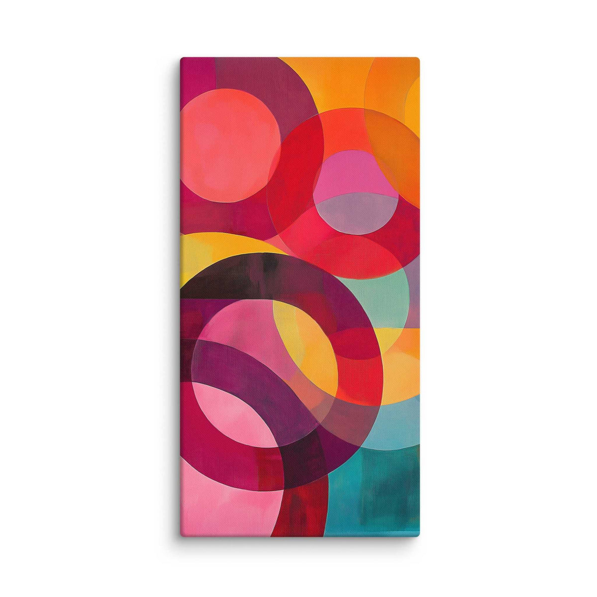 Circular abstract painting with vivid reds, pinks, oranges, teal and gold in overlapping circular forms, displayed as a 24 by 48 inch canvas print, ORBITA by Carpina Designs