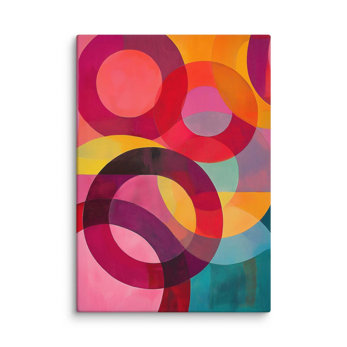 Circular abstract painting with vivid reds, pinks, oranges, teal and gold in overlapping circular forms, displayed as a 28 by 40 inch canvas print, ORBITA by Carpina Designs