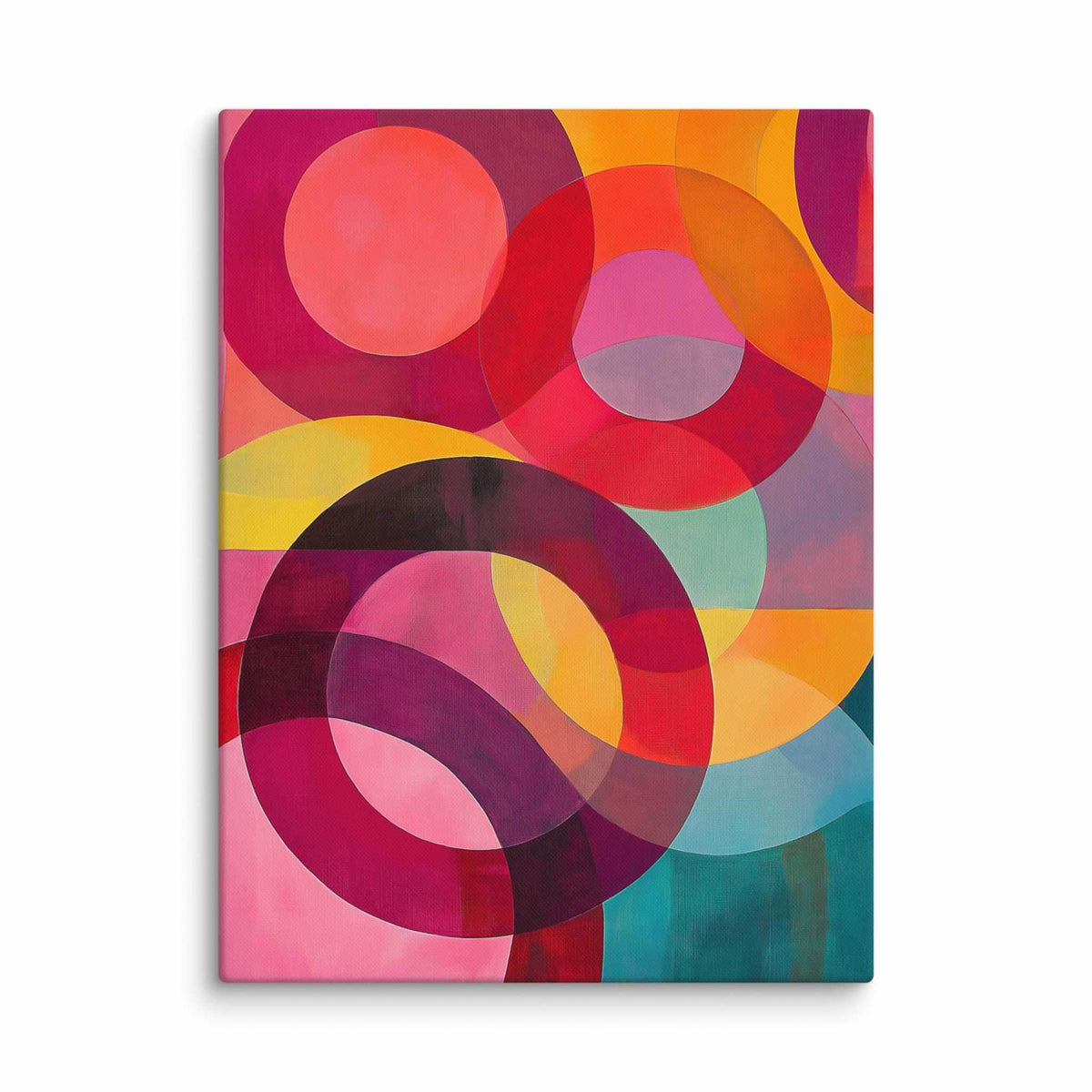 Circular abstract painting with vivid reds, pinks, oranges, teal and gold in overlapping circular forms, displayed as a 30 by 40 inch canvas print, ORBITA by Carpina Designs