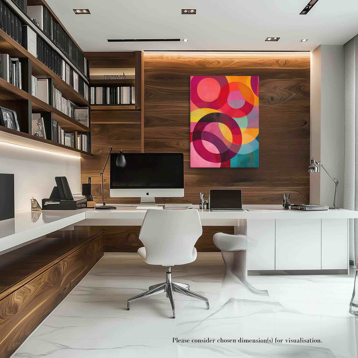 Circular abstract painting with vivid reds, pinks, oranges, teal and gold in overlapping circular forms, styled in a warm wood-paneled executive office with walnut shelving and white desk, ORBITA by Carpina Designs