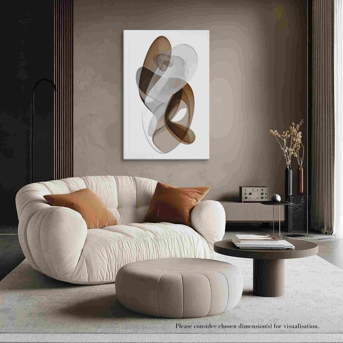 Large wall art canvas abstract with graceful layered ribbon forms in rich earthy browns, beige and cream, hung in a beige contemporry iving room, ORYA by Carpina Designs
