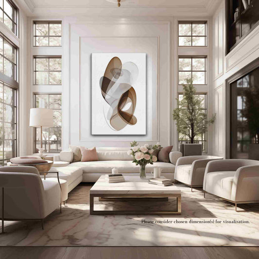 Large wall art canvas abstract with graceful layered ribbon forms in rich earthy browns, beige and cream, styled in a luxurious modern and classic iving room with high ceilings, cream sectional sofa and marble coffee table, ORYA by Carpina Designs