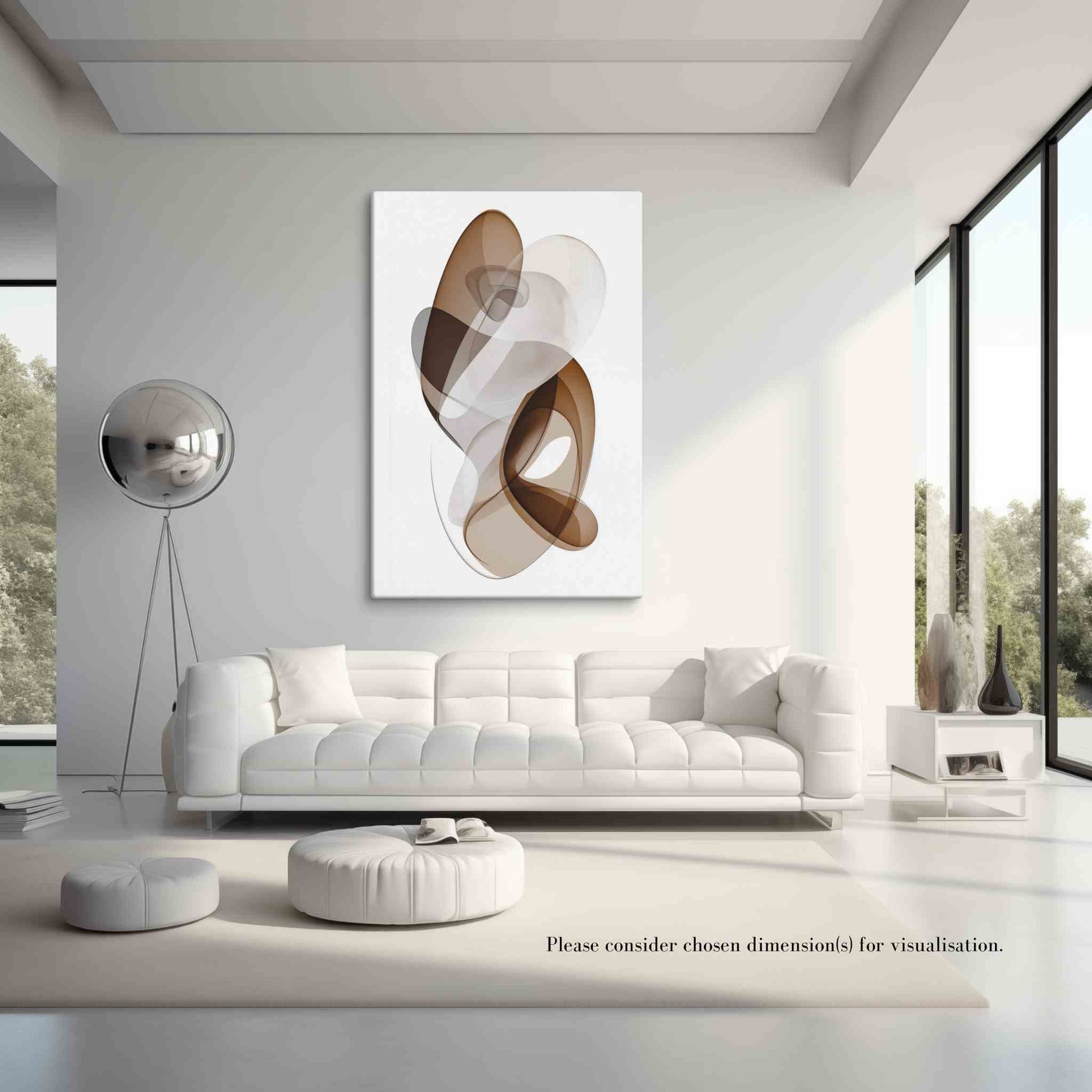 Large wall art canvas abstract with graceful layered ribbon forms in rich earthy browns, beige and cream, hung in an ultra modern white living room, ORYA by Carpina Designs