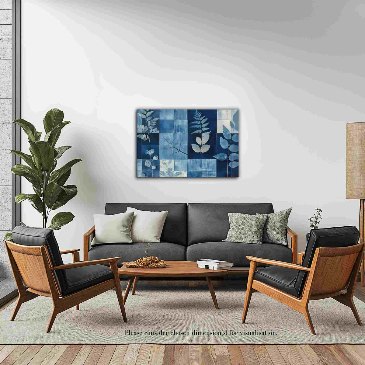 Cyanotype collage with white leaf silhouettes against rich indigo and navy blues in a modern grid, styled in a mid-century modern living room with grey sofa and wood armchairs, PHOTOTYPE by Carpina Designs