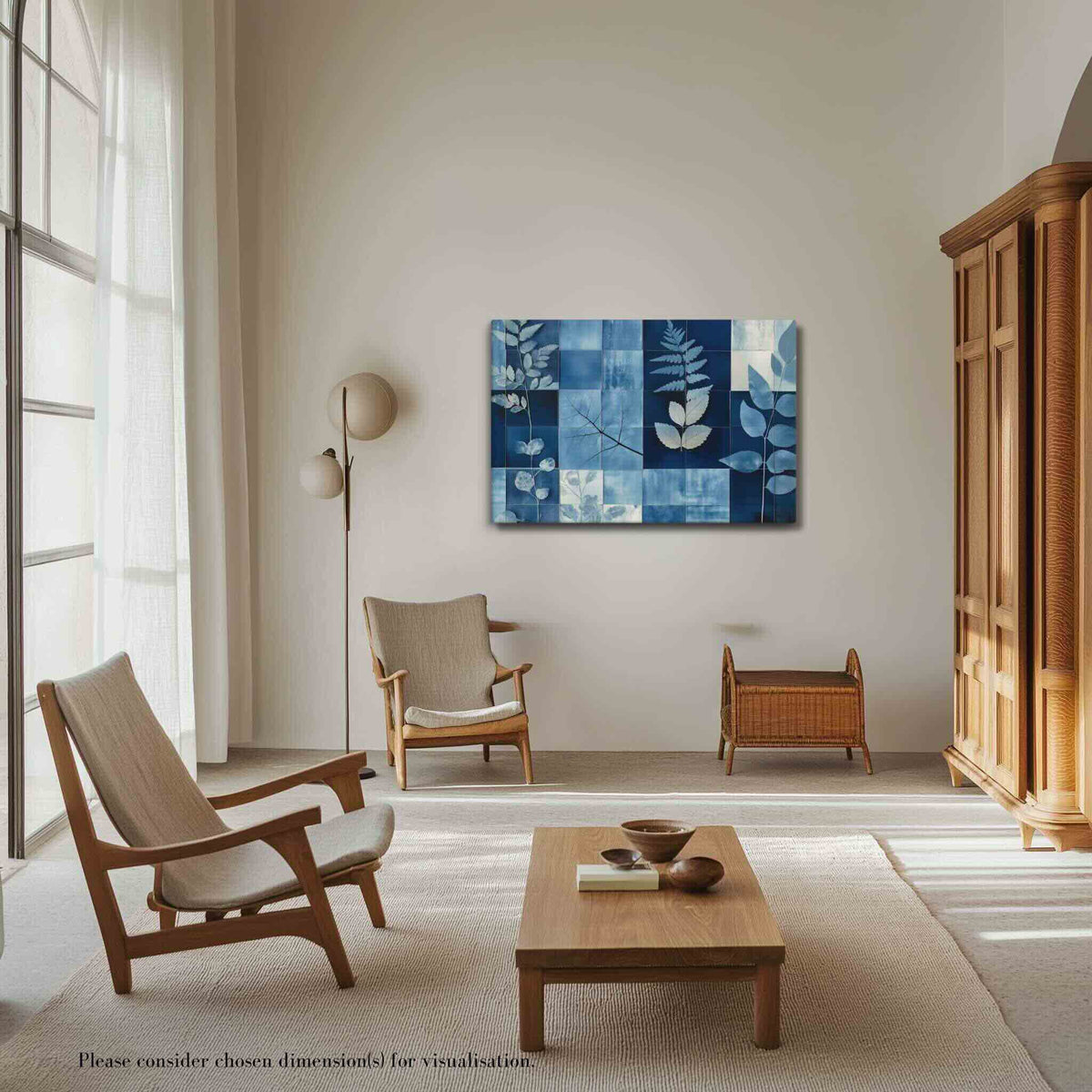 Cyanotype collage with white leaf silhouettes against rich indigo and navy blues in a modern grid, styled in a Scandinavian living room with wood furniture and natural light, PHOTOTYPE by Carpina Designs
