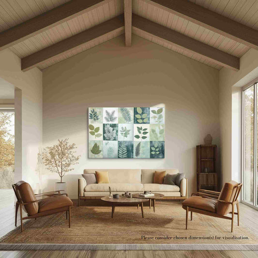 Green botanical print with white leaf silhouettes against layered sage and forest greens in a modern grid. The canvas art hangs in a mid-century modern living room. Designed by Carpina Designs