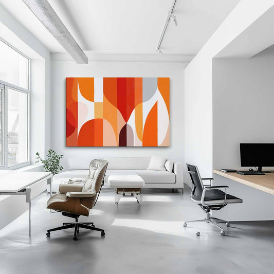 Geometric abstract art canvas with warm oranges and reds, curved forms and vertical lines, styled in a bright white modern living room with white sofa and large windows, SOLSTICE by Carpina Designs