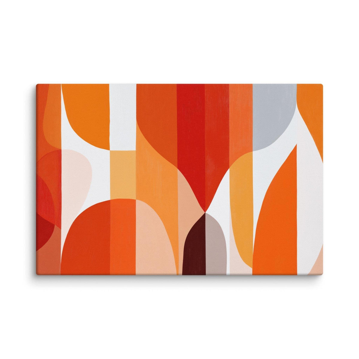 Geometric abstract art canvas with warm oranges and reds, curved forms and vertical lines, displayed as a 20 by 30 inch canvas print, SOLSTICE by Carpina Designs