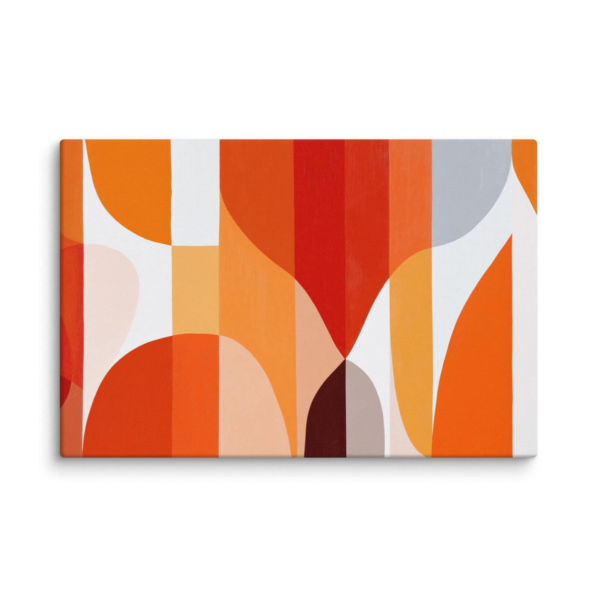Geometric abstract art canvas with warm oranges and reds, curved forms and vertical lines, displayed as a 24 by 36 inch canvas print, SOLSTICE by Carpina Designs