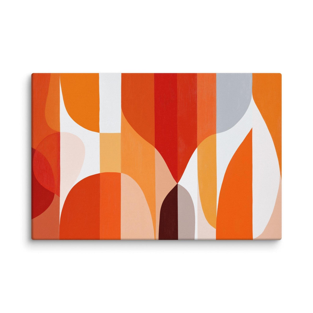 Geometric abstract art canvas with warm oranges and reds, curved forms and vertical lines, displayed as a 40 by 60 inch canvas print, SOLSTICE by Carpina Designs