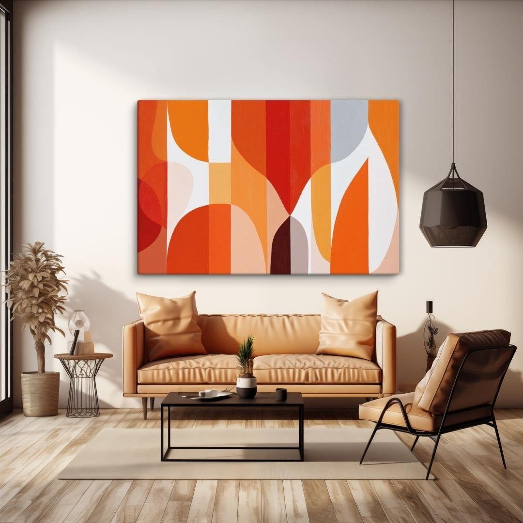 Geometric abstract art canvas with warm oranges and reds, curved forms and vertical lines, styled in a contemporary living room with caramel leather sofa and natural wood floors, SOLSTICE by Carpina Designs