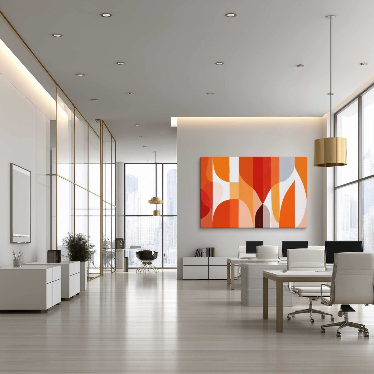 Geometric abstract art canvas with warm oranges and reds, curved forms and vertical lines, styled in a modern sleek office with glass partitions and city views, SOLSTICE by Carpina Designs