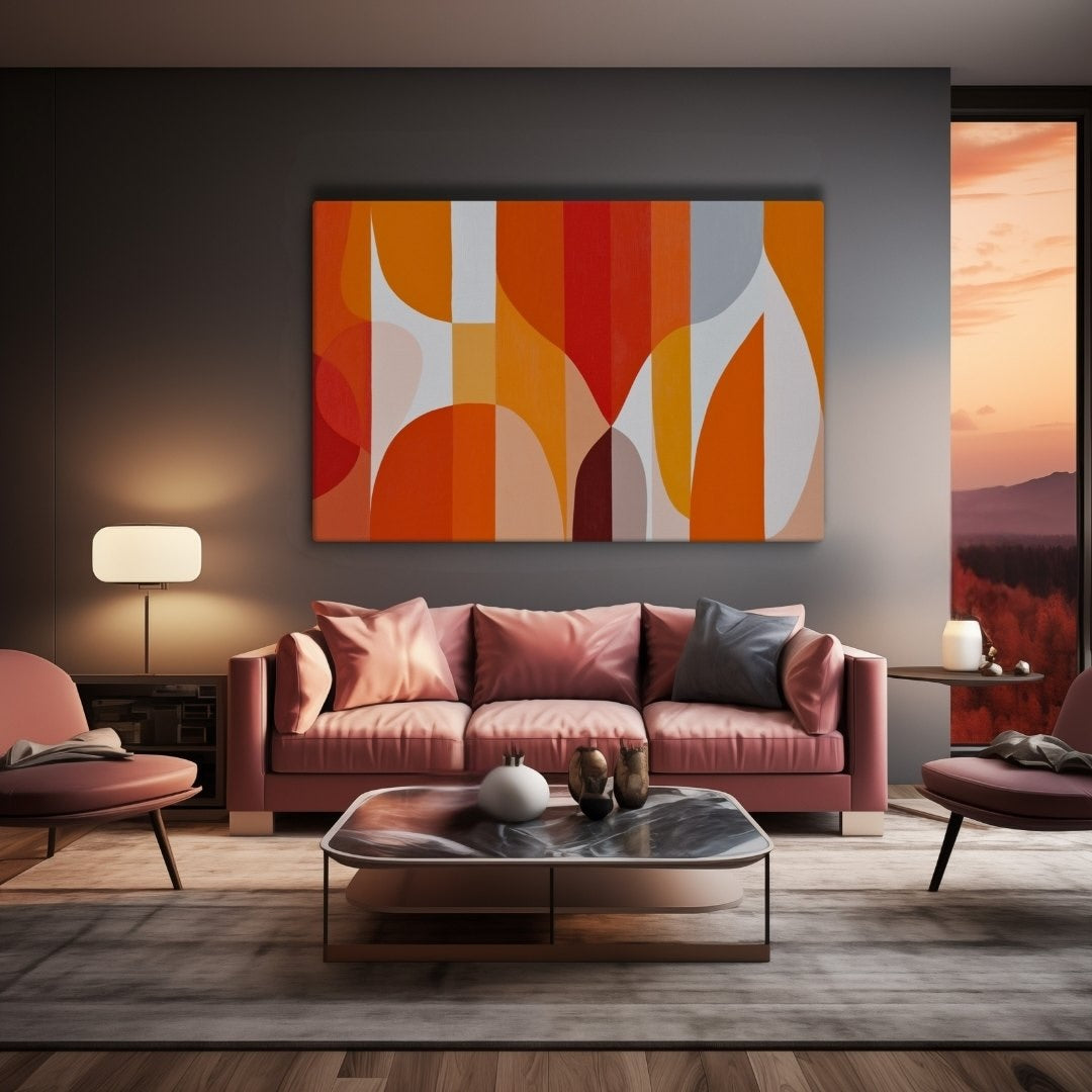 Geometric abstract art canvas with warm oranges and reds, curved forms and vertical lines, set on a wall in a dark luxe living room with dusty rose velvet sofa and dark grey walls, and giving color and cheer to the room. SOLSTICE by Carpina Designs