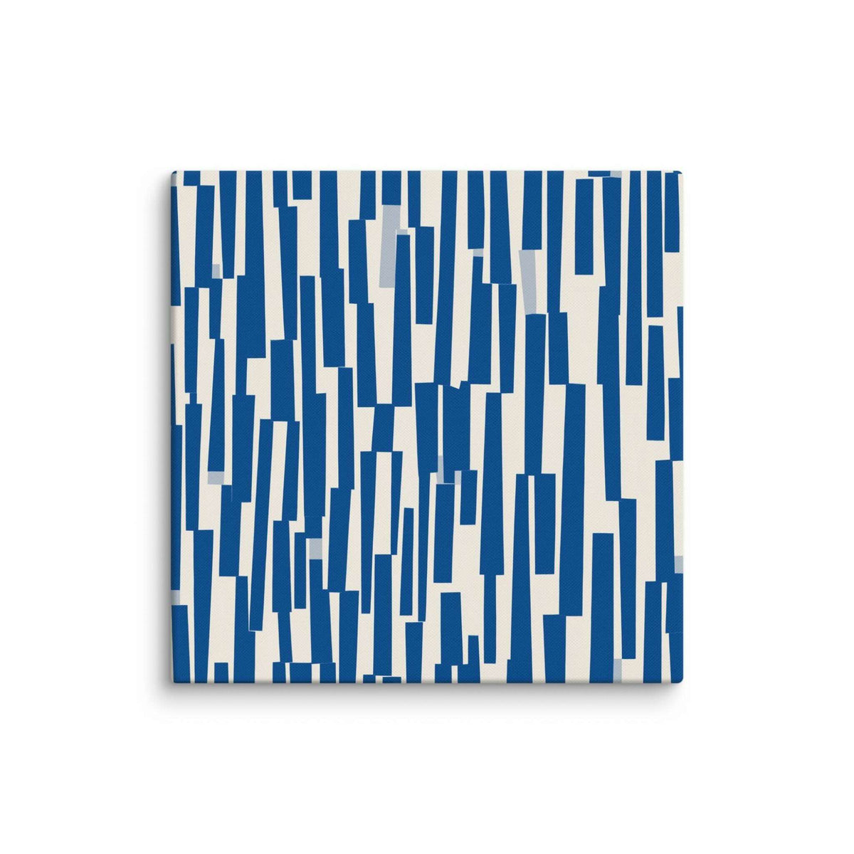Blue and cream canvas art with rhythmic cascade of deep navy shapes against warm neutral backdrop, displayed as a 26 by 26 inch canvas print, STACCATO by Carpina Designs