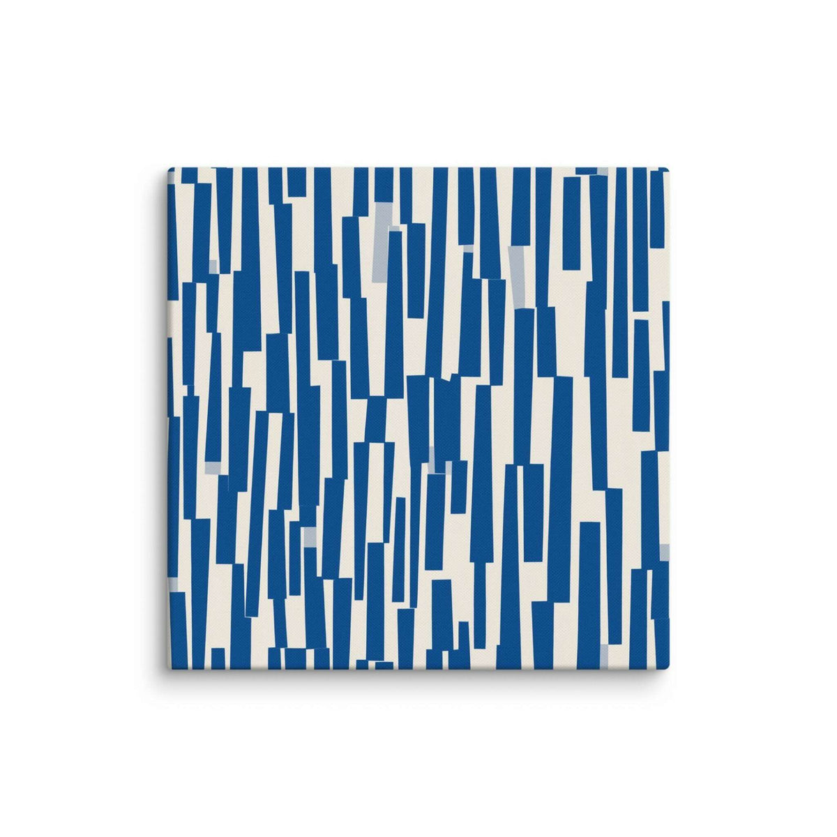 Blue and cream canvas art with rhythmic cascade of deep navy shapes against warm neutral backdrop, displayed as a 28 by 28 inch canvas print, STACCATO by Carpina Designs