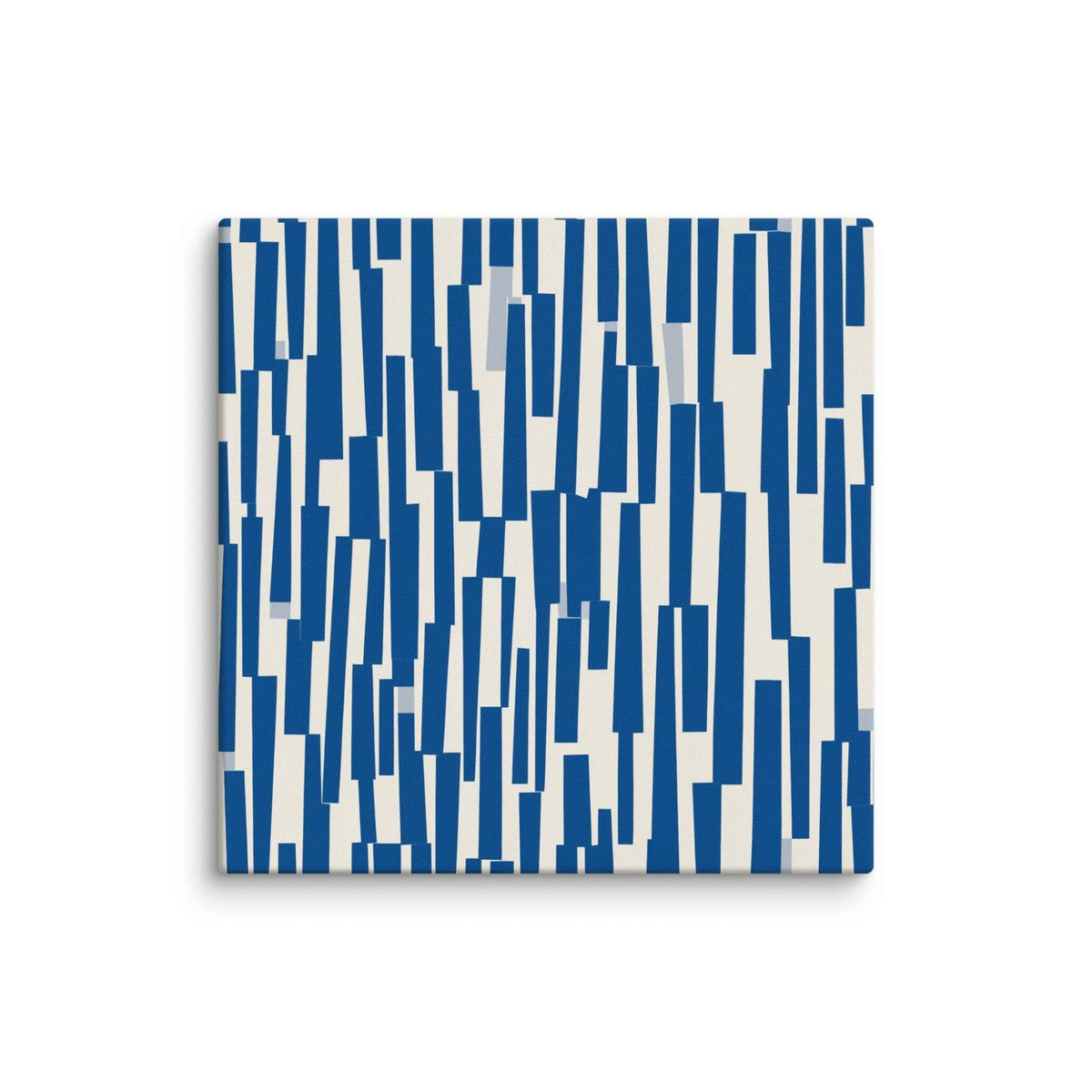 Blue and cream canvas art with rhythmic cascade of deep navy shapes against warm neutral backdrop, displayed as a 30 by 30 inch canvas print, STACCATO by Carpina Designs