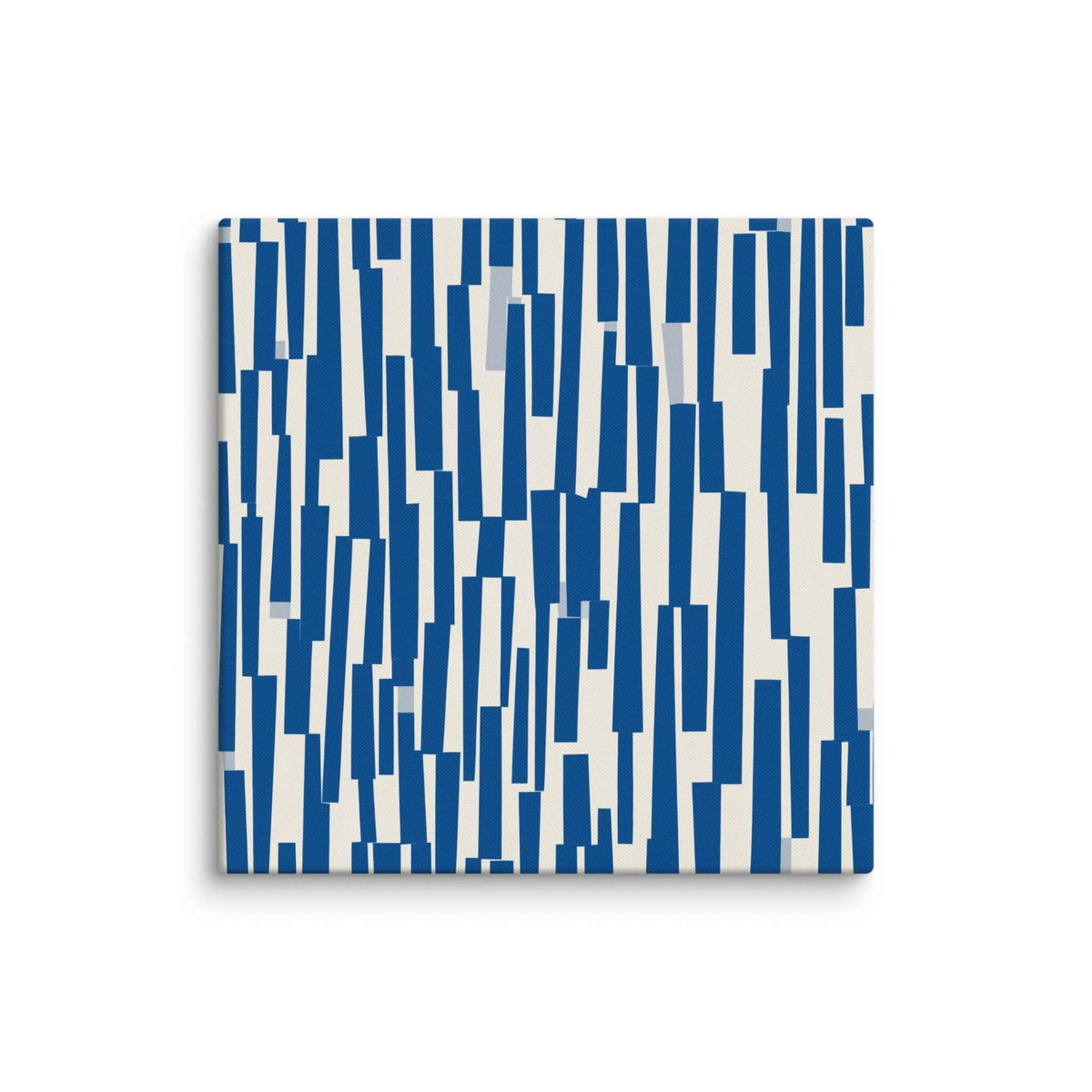Blue and cream canvas art with rhythmic cascade of deep navy shapes against warm neutral backdrop, displayed as a 32 by 32 inch canvas print, STACCATO by Carpina Designs