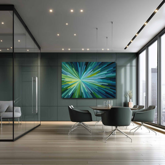 Green and blue abstract art with radiating strokes of teal and green, styled in a modern sleek office with glass partitions and city views, TOVIEL by Carpina Designs
