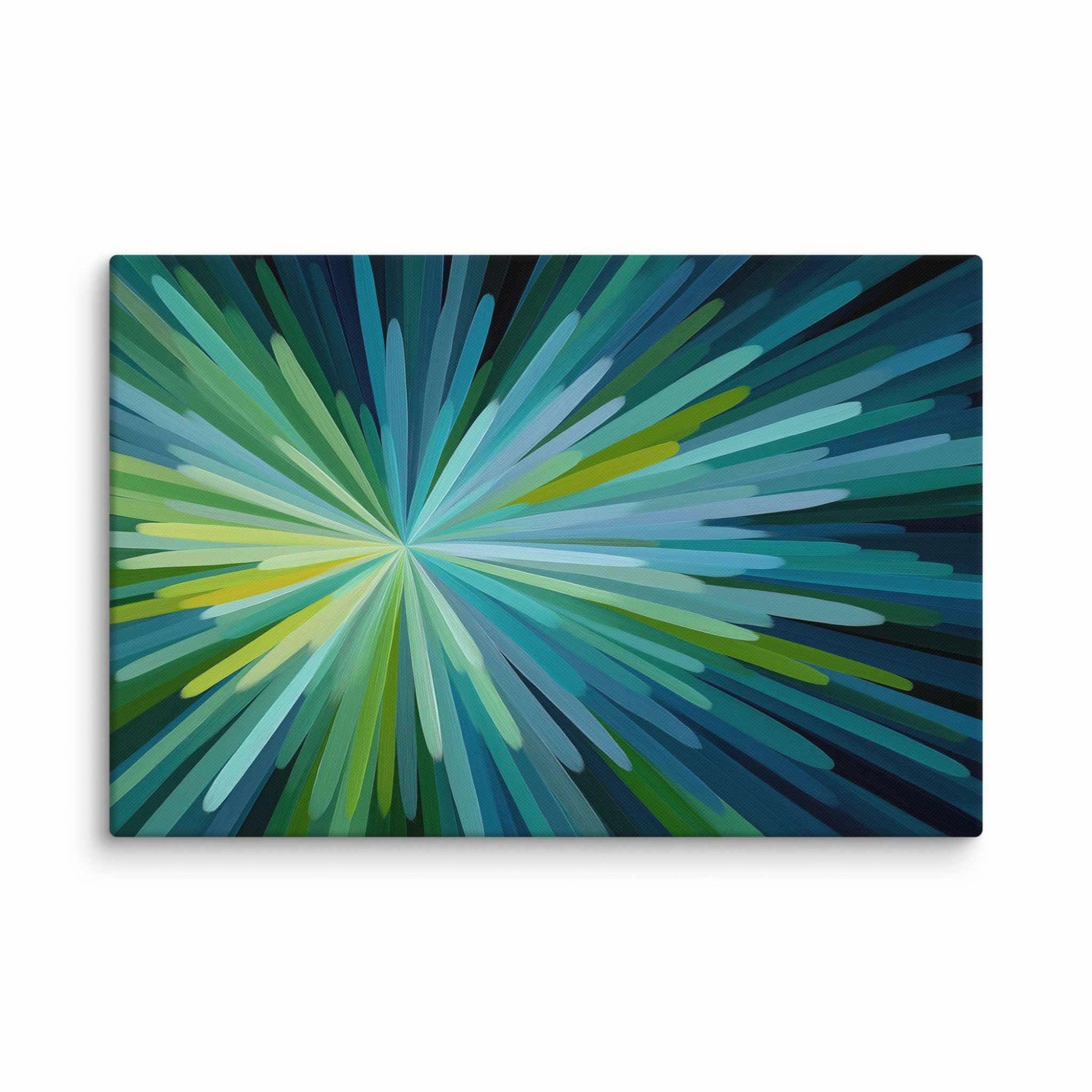 Green and blue abstract art with radiating strokes of teal and green in a soft energy burst, displayed as a 20 by 30 inch canvas print, TOVIEL by Carpina Designs