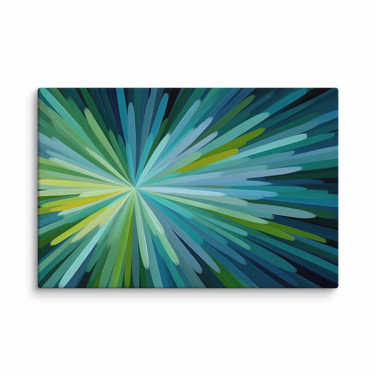 Green and blue abstract art with radiating strokes of teal and green in a soft energy burst, displayed as a 24 by 36 inch canvas print, TOVIEL by Carpina Designs