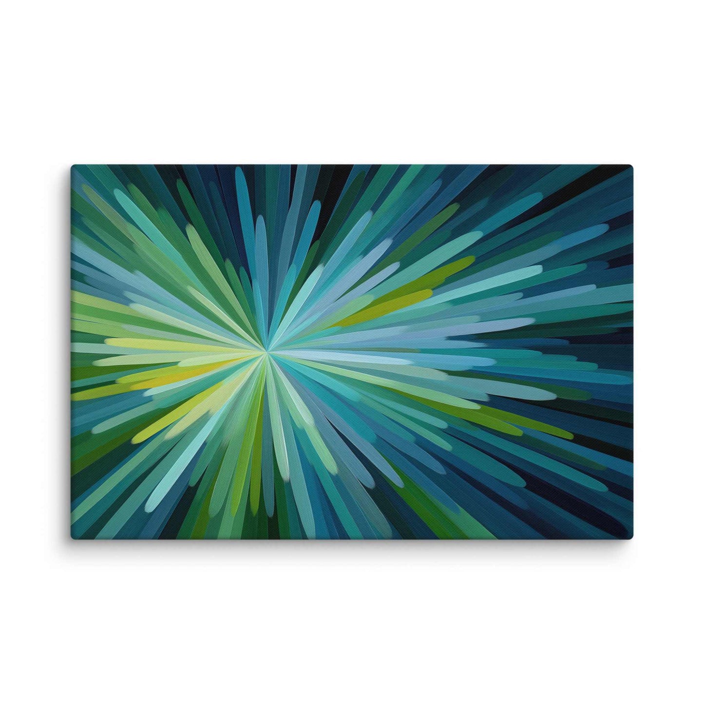 Green and blue abstract art with radiating strokes of teal and green in a soft energy burst, displayed as a 40 by 60 inch canvas print, TOVIEL by Carpina Designs