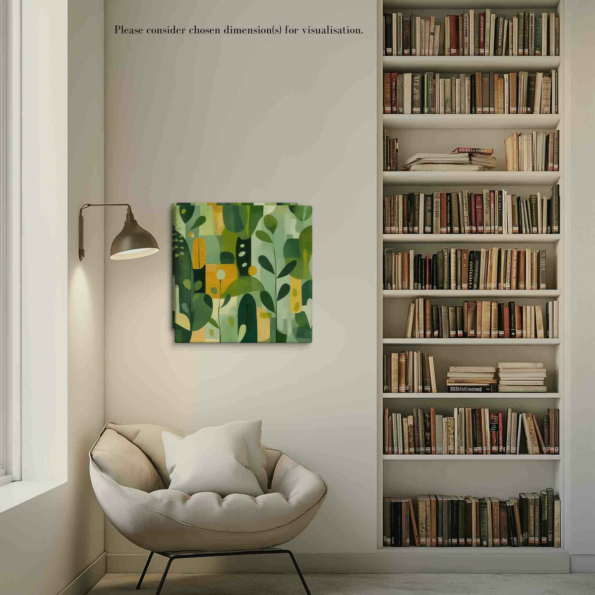 Abstract art inspired by nature with harmonious greens, yellows, and beige organic leaf forms, styled in a bright reading nook with floor-to-ceiling bookshelves and cream armchair, VERDURE by Carpina Designs
