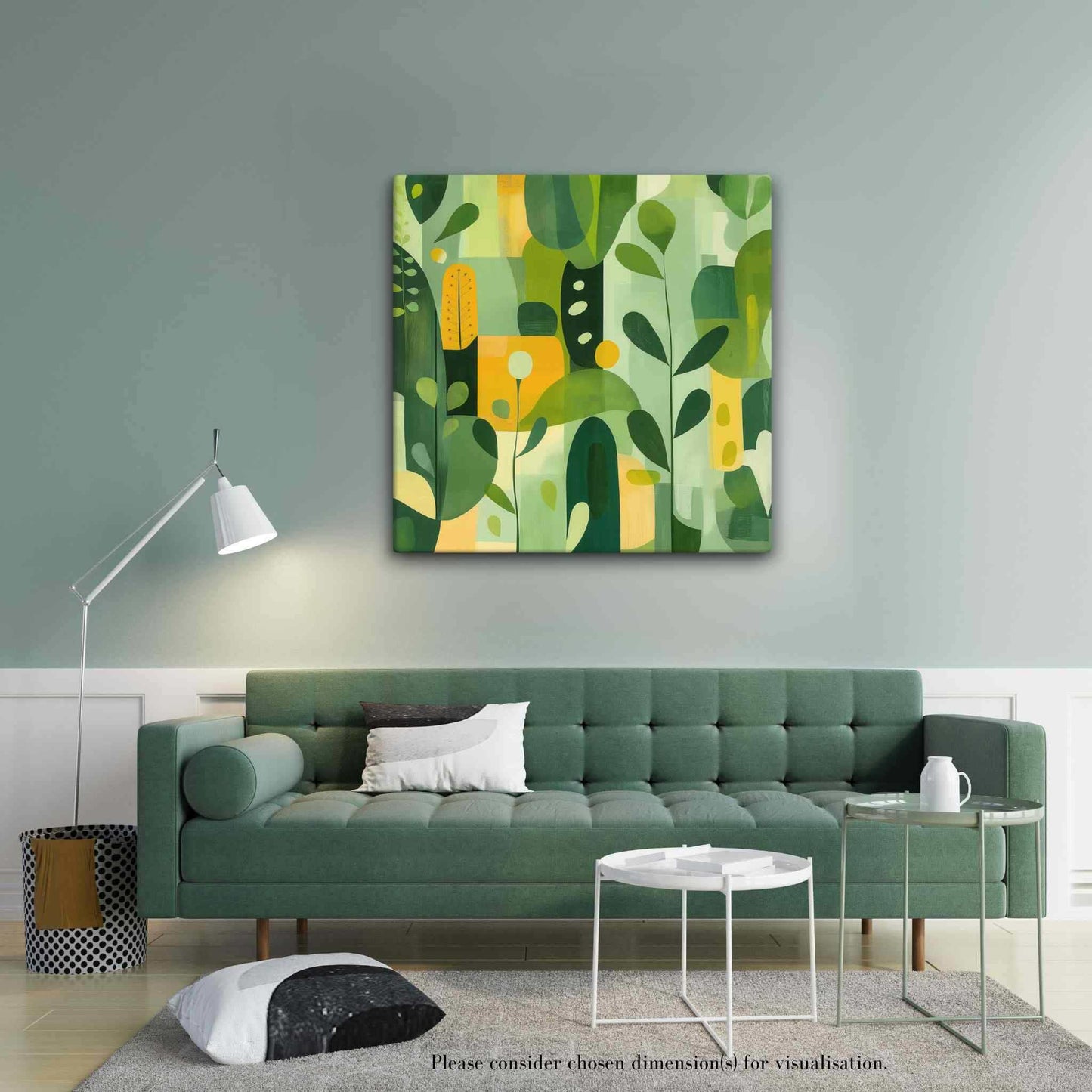 Abstract art inspired by nature with harmonious greens, yellows, and beige organic leaf forms, styled in a modern living room with sage green sofa and coordinated green walls, VERDURE by Carpina Designs