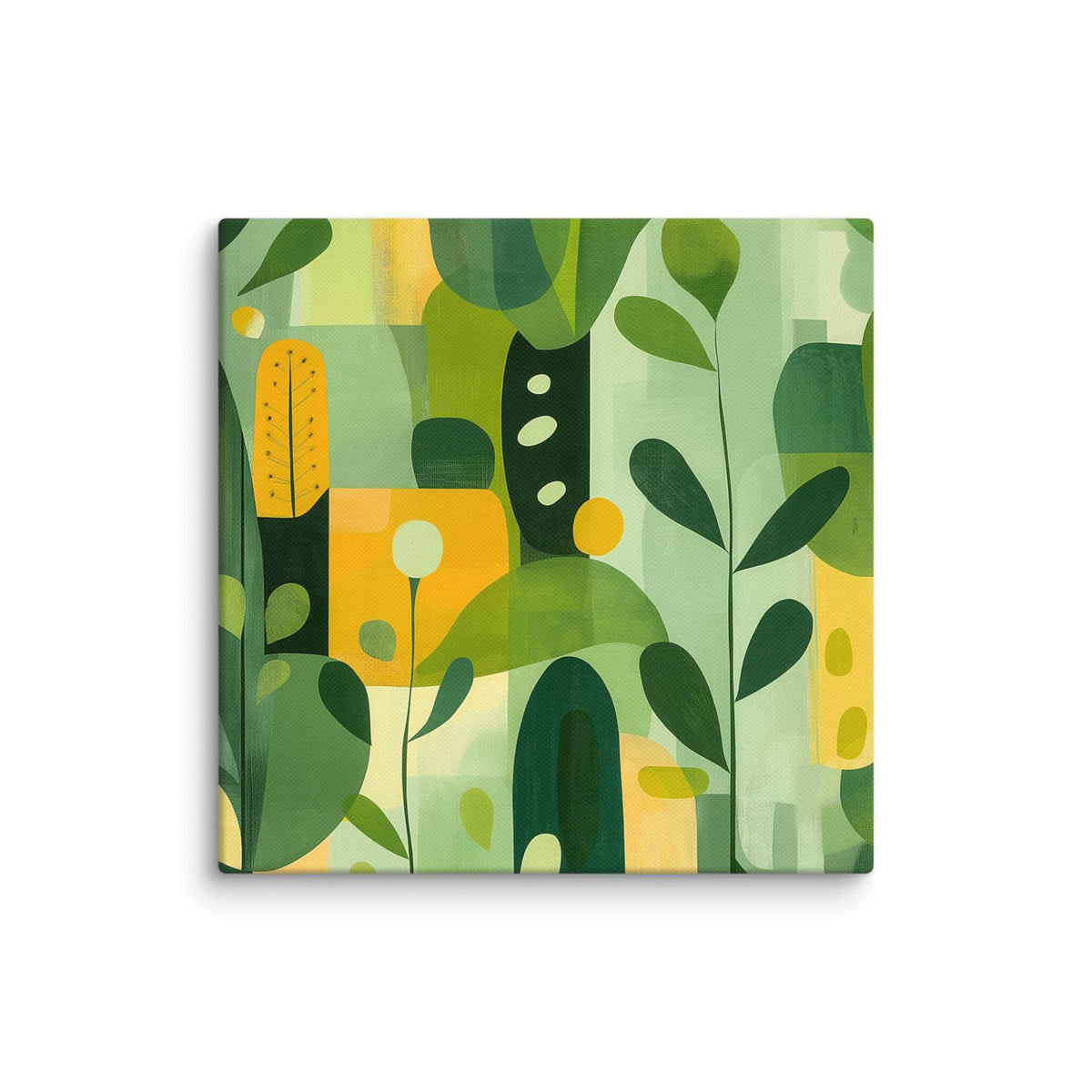 Abstract art inspired by nature with harmonious greens, yellows, and beige organic leaf forms, displayed as a 10 by 10 inch canvas print, VERDURE by Carpina Designs