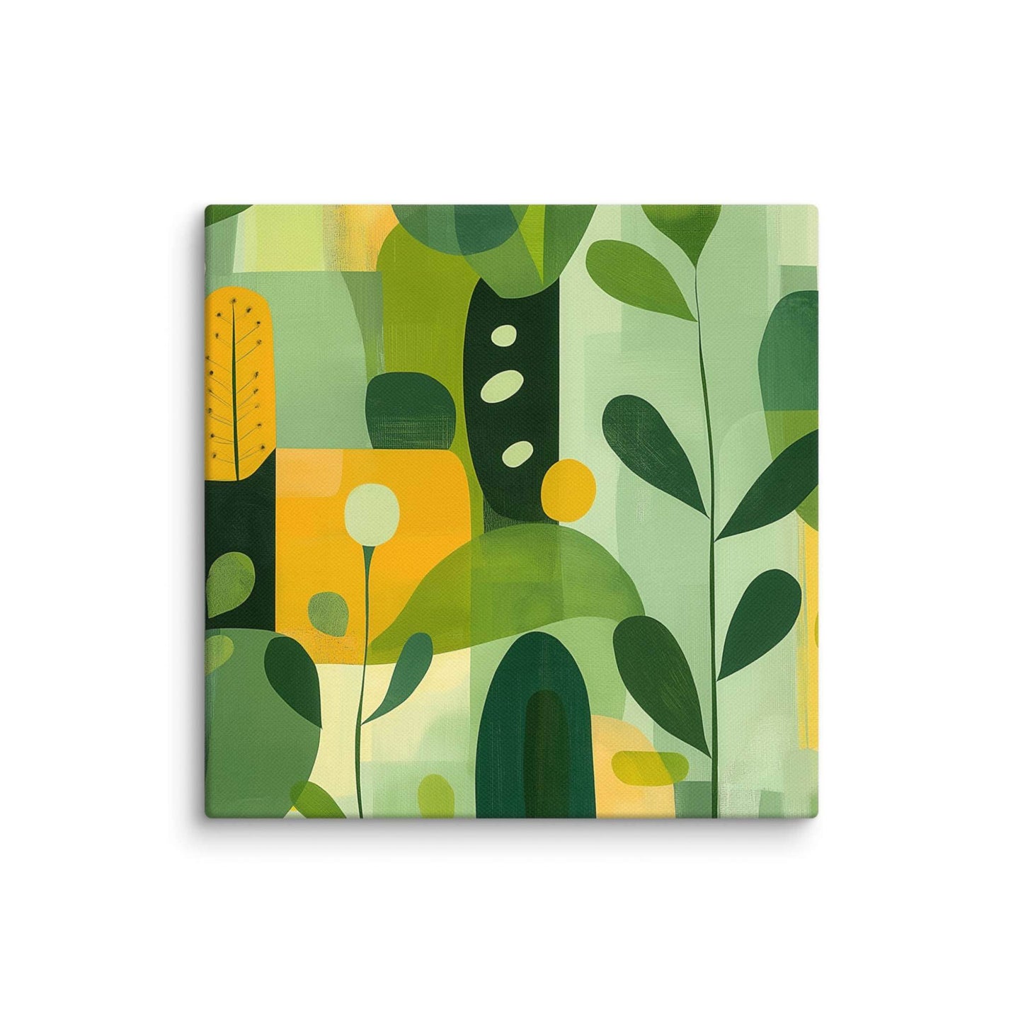 Abstract art inspired by nature with harmonious greens, yellows, and beige organic leaf forms, displayed as a 12 by 12 inch canvas print, VERDURE by Carpina Designs