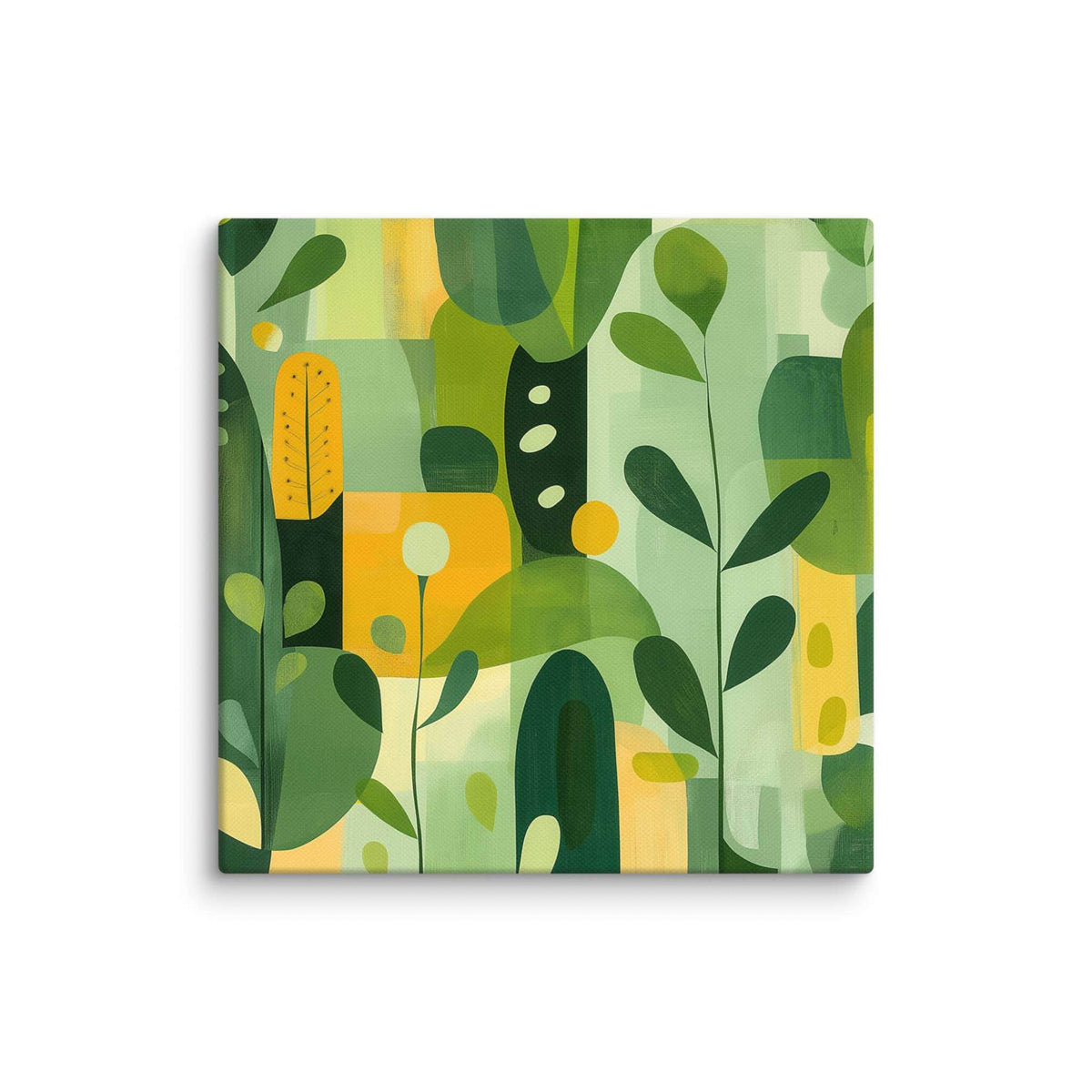 Abstract art inspired by nature with harmonious greens, yellows, and beige organic leaf forms, displayed as a 14 by 14 inch canvas print, VERDURE by Carpina Designs