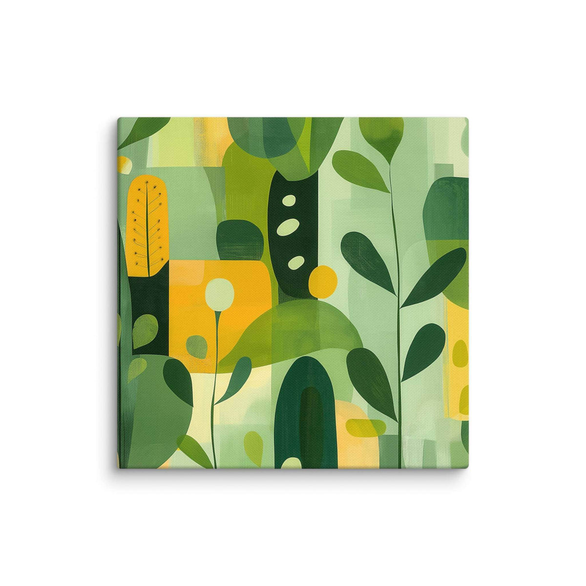 Abstract art inspired by nature with harmonious greens, yellows, and beige organic leaf forms, displayed as a 16 by 16 inch canvas print, VERDURE by Carpina Designs