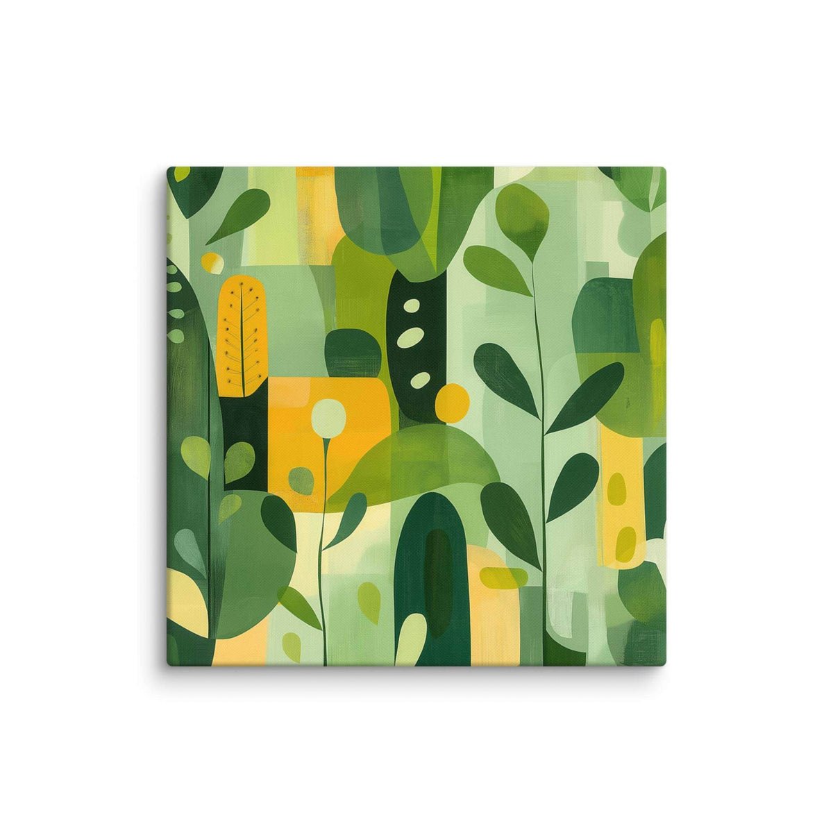 Abstract art inspired by nature with harmonious greens, yellows, and beige organic leaf forms, displayed as a 18 by 18 inch canvas print, VERDURE by Carpina Designs