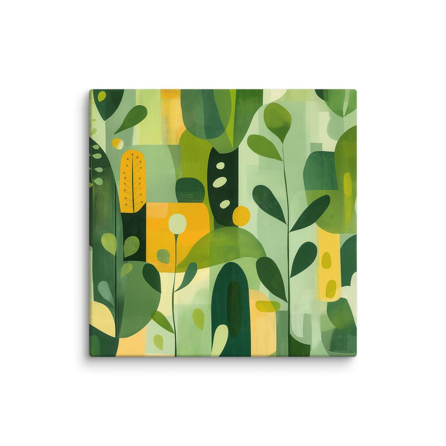 Abstract art inspired by nature with harmonious greens, yellows, and beige organic leaf forms, displayed as a 24 by 24 inch canvas print, VERDURE by Carpina Designs